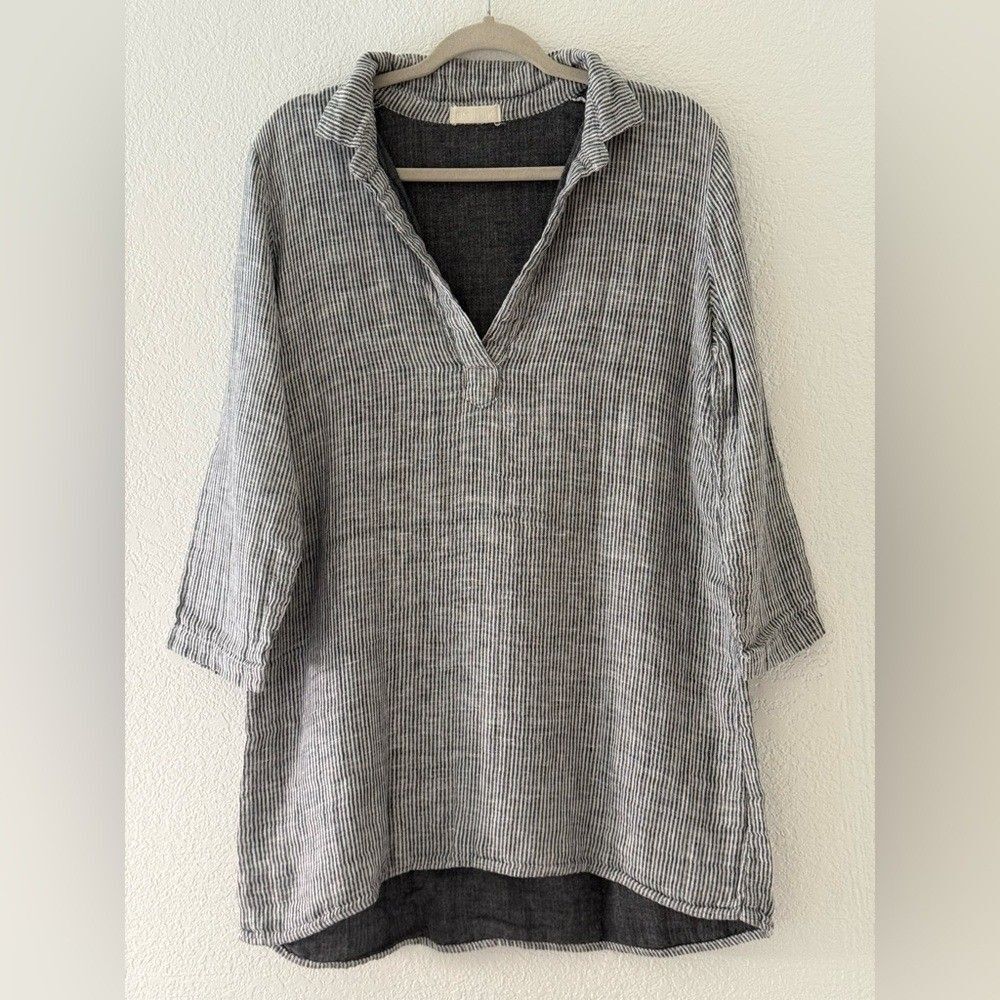 Cp Shades 2 Ply Muslin Cottton Tunic Top Heather Grey Stripes Lagenlook Size S
